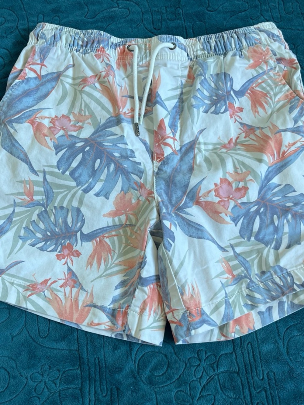 American Eagle Outfitters White Shorts with Blue & Coral Tropical Print